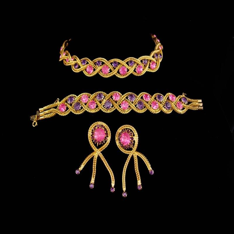 Stunning Vintage rhinestone Parure / jewels by Le Dor / original box / Tassel clip on earrings / pink purple rhinestones / Mesh gold set
