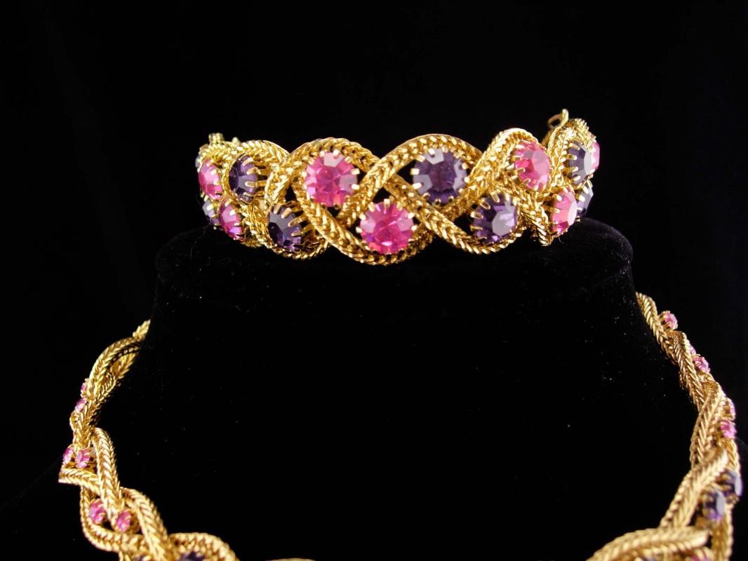 Stunning Vintage rhinestone Parure / jewels by Le Dor / original box / Tassel clip on earrings / pink purple rhinestones / Mesh gold set