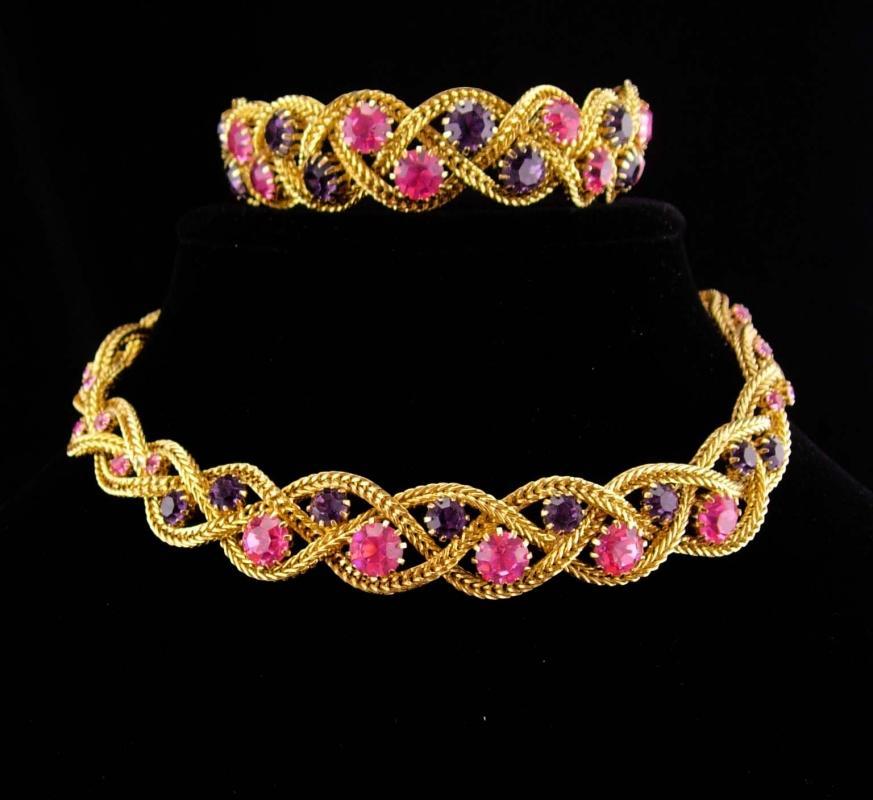 Stunning Vintage rhinestone Parure / jewels by Le Dor / original box / Tassel clip on earrings / pink purple rhinestones / Mesh gold set