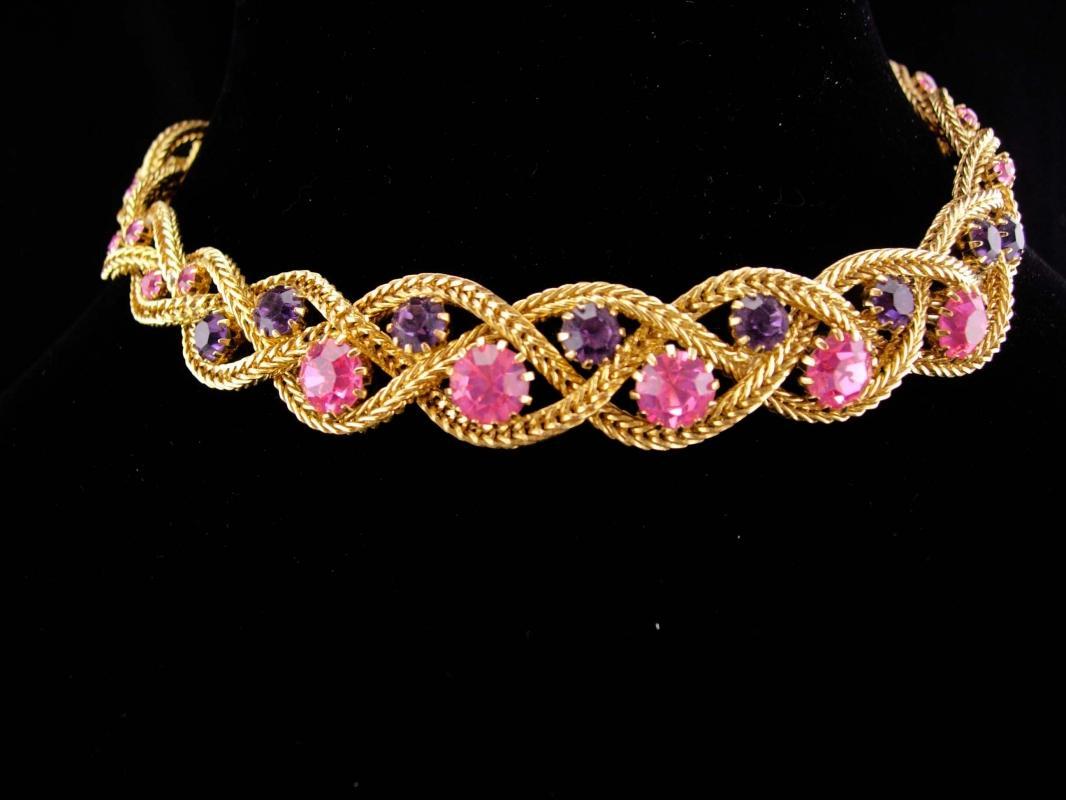 Stunning Vintage rhinestone Parure / jewels by Le Dor / original box / Tassel clip on earrings / pink purple rhinestones / Mesh gold set