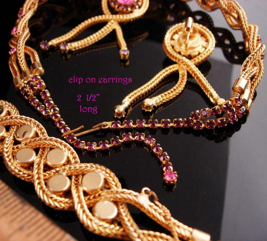 Stunning Vintage rhinestone Parure / jewels by Le Dor / original box / Tassel clip on earrings / pink purple rhinestones / Mesh gold set