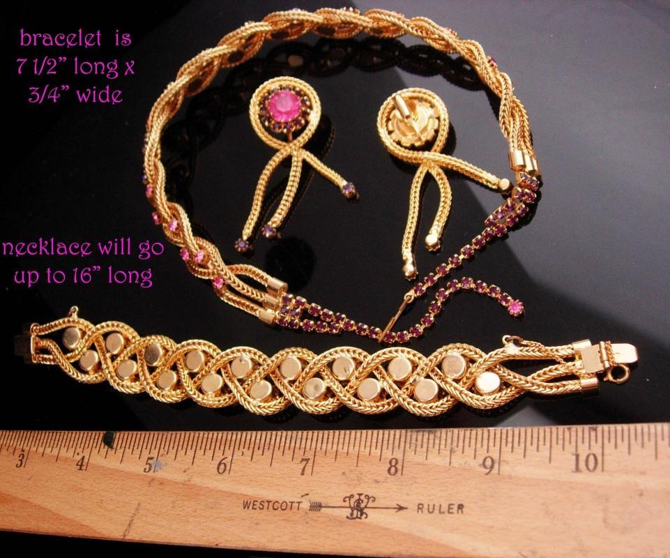 Stunning Vintage rhinestone Parure / jewels by Le Dor / original box / Tassel clip on earrings / pink purple rhinestones / Mesh gold set