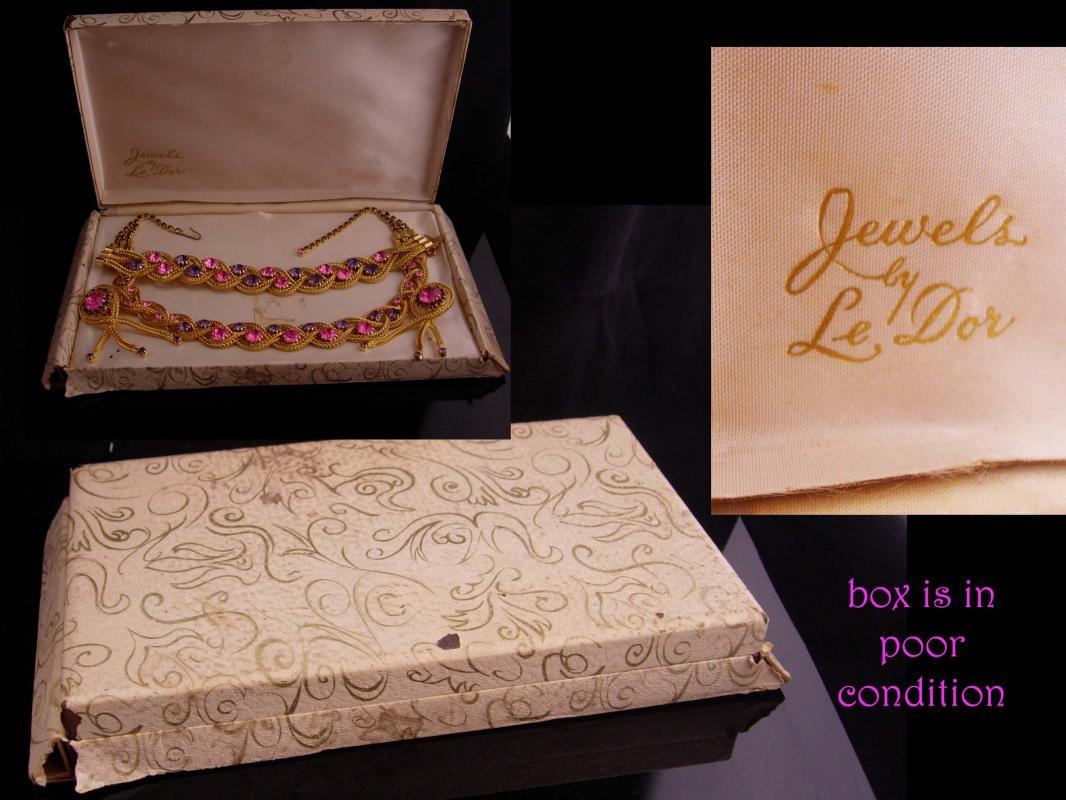 Stunning Vintage rhinestone Parure / jewels by Le Dor / original box / Tassel clip on earrings / pink purple rhinestones / Mesh gold set