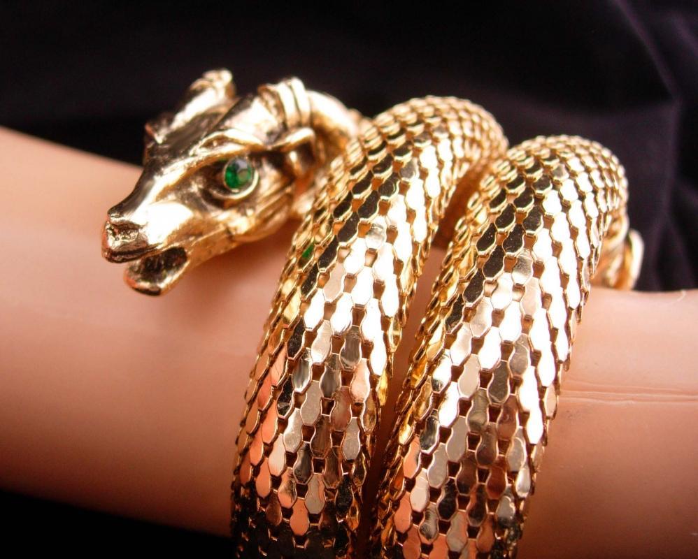 Vintage Gothic Head snake bracelet / THICK gold mesh / mythical ram / Exotic three coils / unsigned whiting and davis / rhinestone eyes