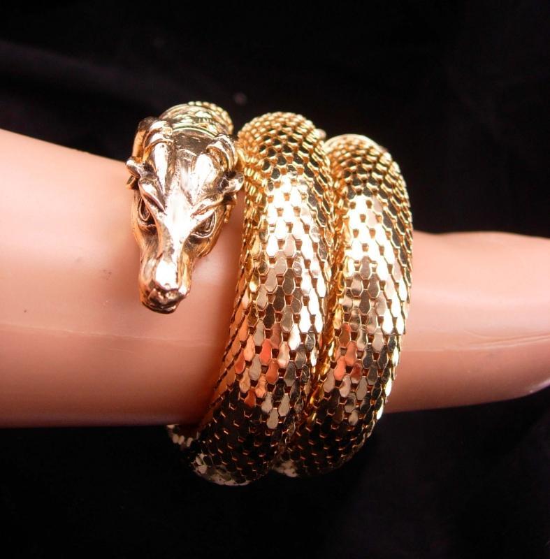 Vintage Gothic Head snake bracelet / THICK gold mesh / mythical ram / Exotic three coils / unsigned whiting and davis / rhinestone eyes