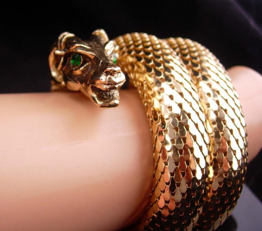Vintage Gothic Head snake bracelet / THICK gold mesh / mythical ram / Exotic three coils / unsigned whiting and davis / rhinestone eyes