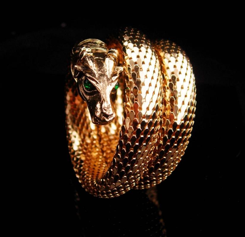 Vintage Gothic Head snake bracelet / THICK gold mesh / mythical ram / Exotic three coils / unsigned whiting and davis / rhinestone eyes