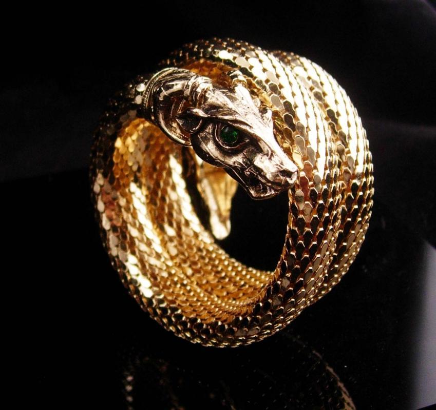 Vintage Gothic Head snake bracelet / THICK gold mesh / mythical ram / Exotic three coils / unsigned whiting and davis / rhinestone eyes