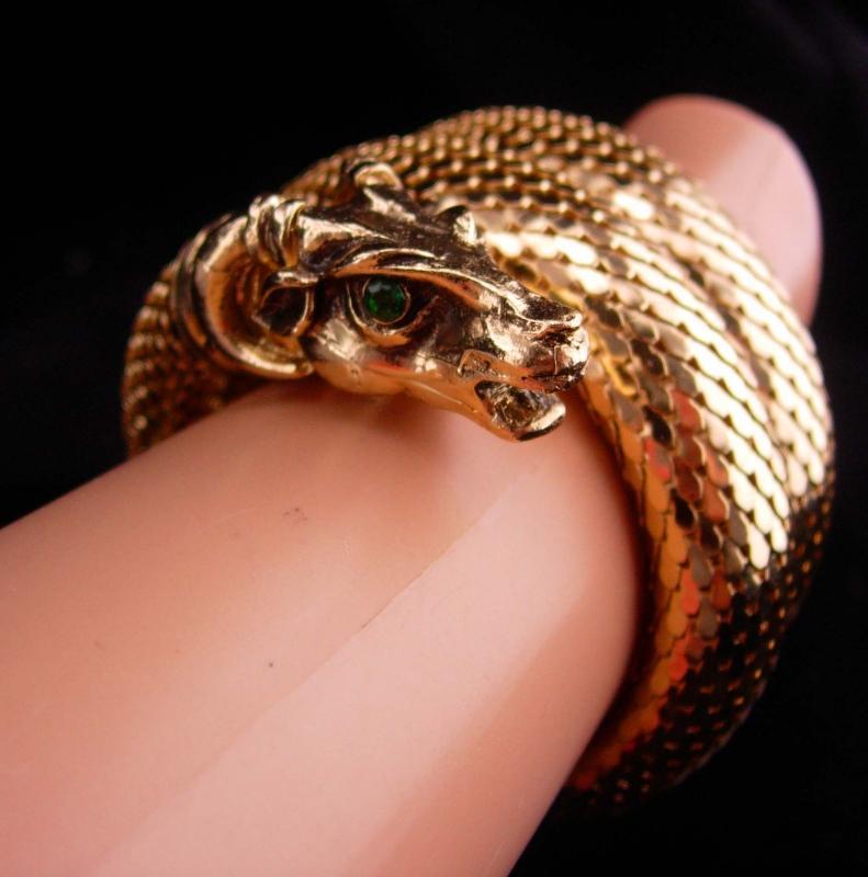 Vintage Gothic Head snake bracelet / THICK gold mesh / mythical ram / Exotic three coils / unsigned whiting and davis / rhinestone eyes