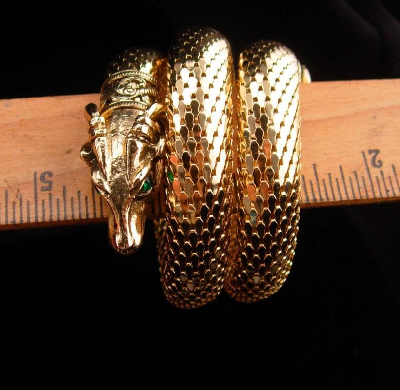Vintage Gothic Head snake bracelet / THICK gold mesh / mythical ram / Exotic three coils / unsigned whiting and davis / rhinestone eyes