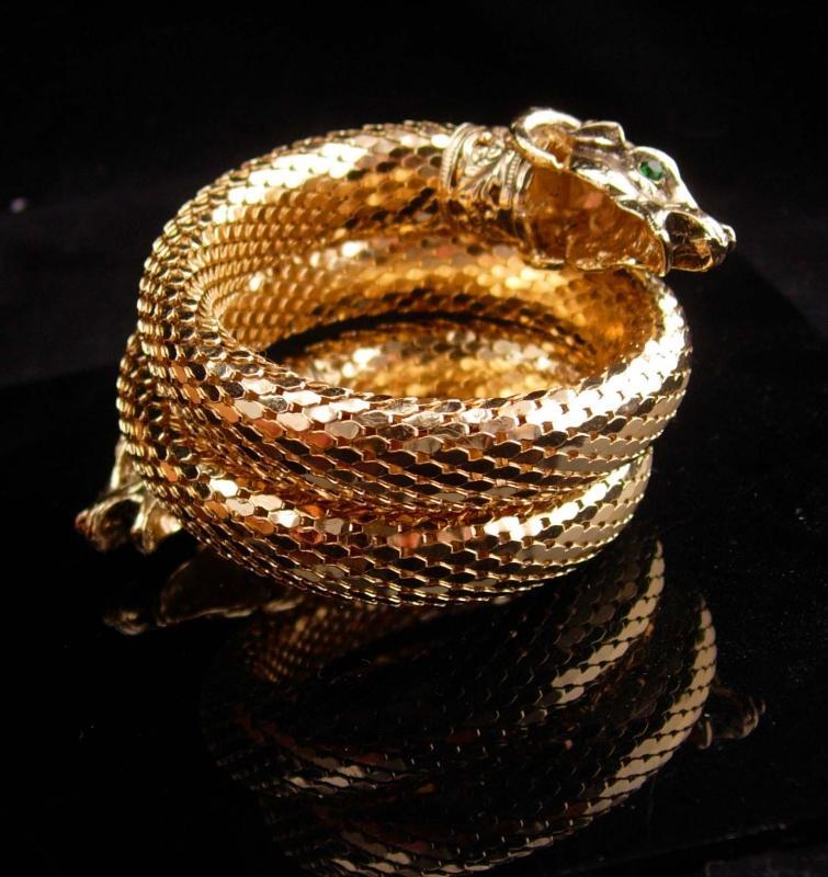 Vintage Gothic Head snake bracelet / THICK gold mesh / mythical ram / Exotic three coils / unsigned whiting and davis / rhinestone eyes