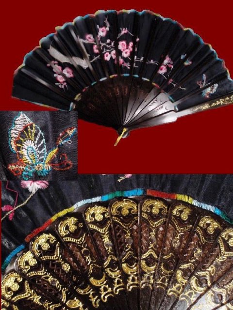 Vintage silk Chinese Embroidered lotus blossom fan