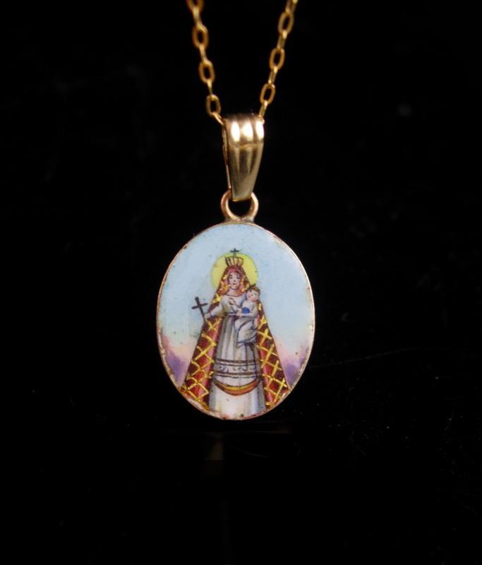 Antique Icon necklace / 14kt gold Infant of prague / Hungarian Enamel / vintage Portrait / religious necklace