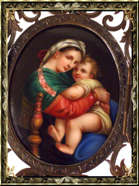 ANtique 19th century European ALTER Portrait Porcelain Painting and Frame Mary and Jesus
