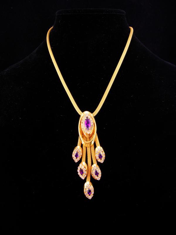 Stunning Vintage rhinestone necklace / Purple tassel drops / amethyst color rhinestones / Mesh gold necklace / estate jewelry