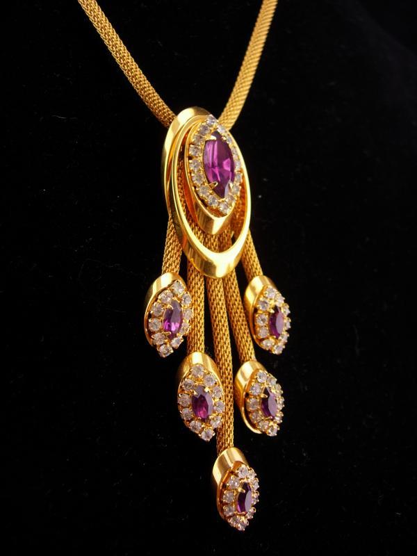 Stunning Vintage rhinestone necklace / Purple tassel drops / amethyst color rhinestones / Mesh gold necklace / estate jewelry
