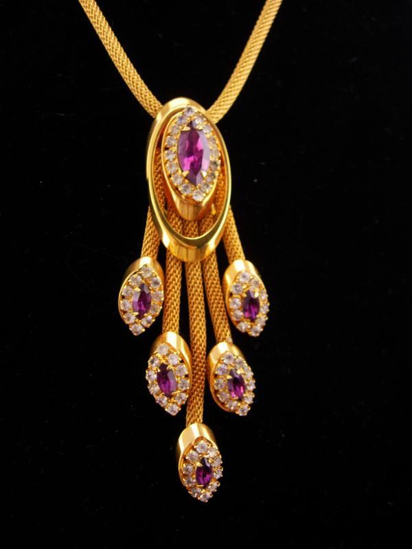 Stunning Vintage rhinestone necklace / Purple tassel drops / amethyst color rhinestones / Mesh gold necklace / estate jewelry