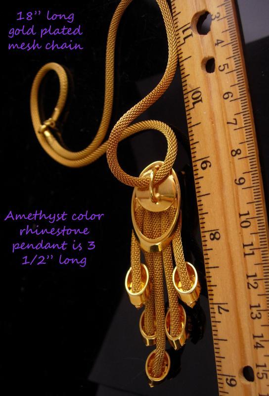 Stunning Vintage rhinestone necklace / Purple tassel drops / amethyst color rhinestones / Mesh gold necklace / estate jewelry