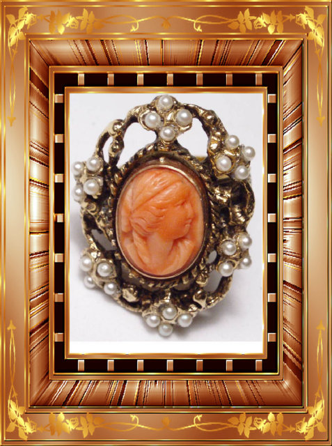 14kt rose gold coral Cameo Victorian pearl RING