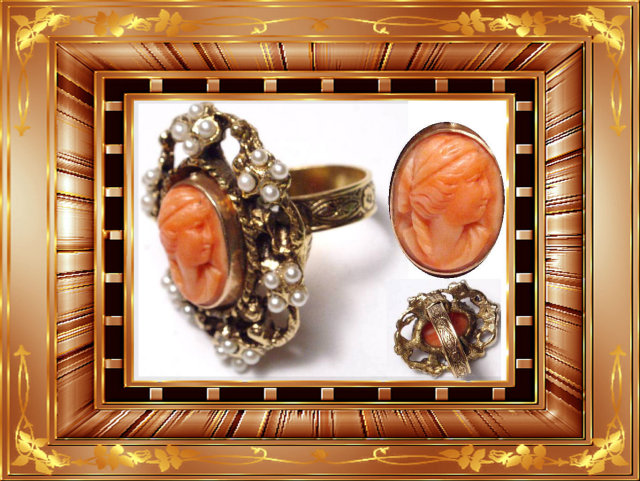 14kt rose gold coral Cameo Victorian pearl RING