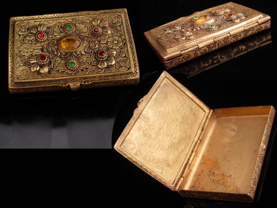 Antique Austro Hungarian Calling card case / GRAND TOUR accessory / rhinestone Jewels / vintage box / ornate etchings