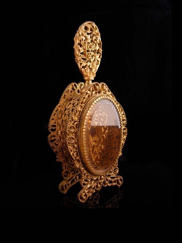 Antique French Perfume Bottle / Victorian Amber glass / Ormolu Fancy Bottle / With Glass Dauber and vintage ornate frame