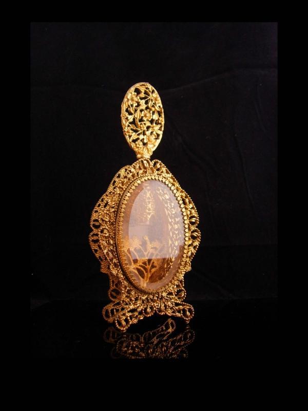 Antique French Perfume Bottle / Victorian Amber glass / Ormolu Fancy Bottle / With Glass Dauber and vintage ornate frame