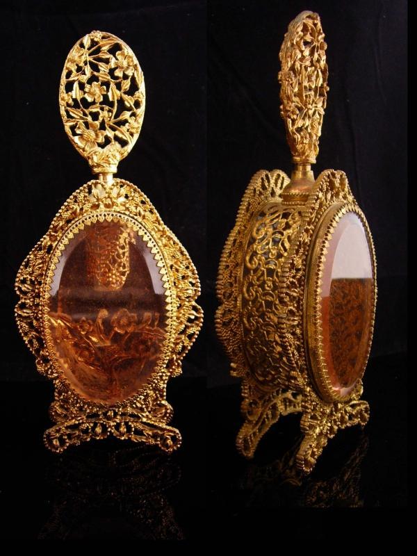 Antique French Perfume Bottle / Victorian Amber glass / Ormolu Fancy Bottle / With Glass Dauber and vintage ornate frame