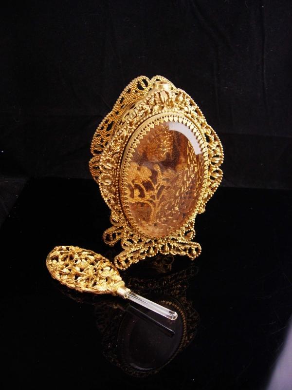 Antique French Perfume Bottle / Victorian Amber glass / Ormolu Fancy Bottle / With Glass Dauber and vintage ornate frame