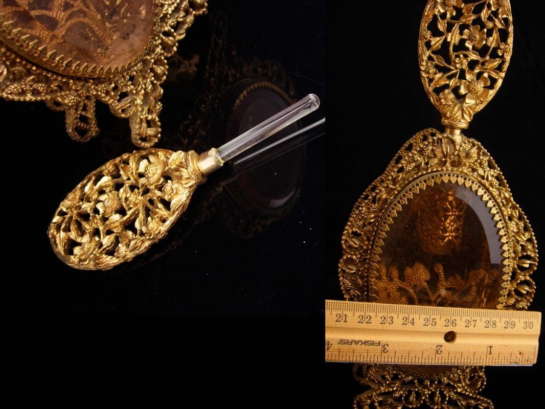 Antique French Perfume Bottle / Victorian Amber glass / Ormolu Fancy Bottle / With Glass Dauber and vintage ornate frame