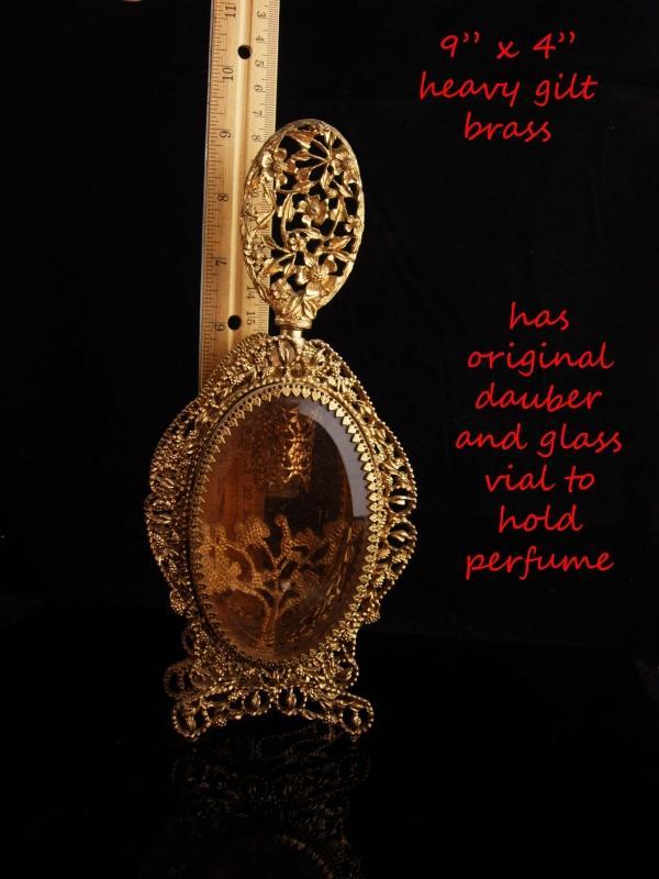 Antique French Perfume Bottle / Victorian Amber glass / Ormolu Fancy Bottle / With Glass Dauber and vintage ornate frame