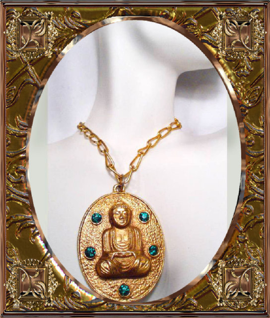 Vintage Jeweled Buddha Necklace Large Chinese Oriental Rhinestone Asian Pendant