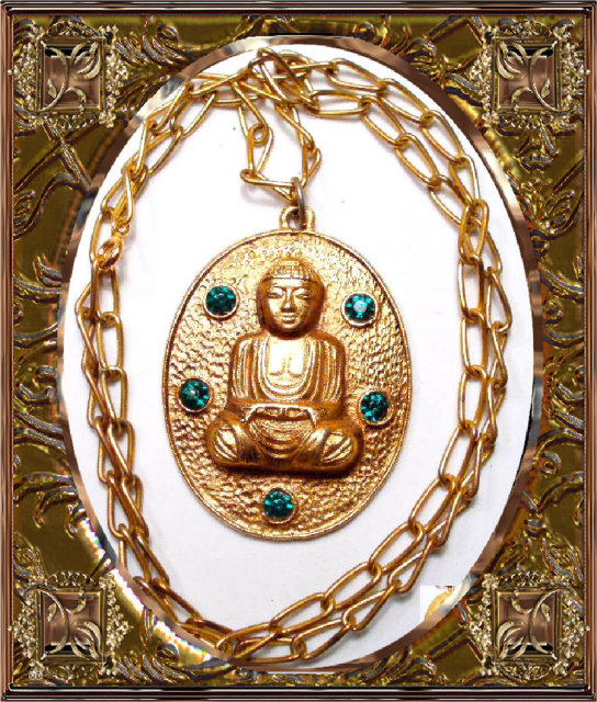 Vintage Jeweled Buddha Necklace Large Chinese Oriental Rhinestone Asian Pendant