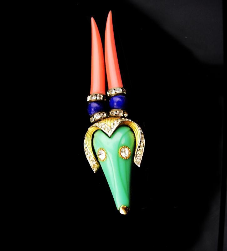 RARE Vintage Hattie Carnegie Brooch / Horned Goat / signed figural jewelry / bookpiece pin / Antelope brooch / thermoplastic jewelry