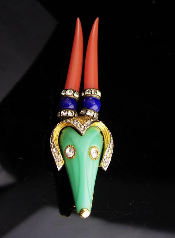 RARE Vintage Hattie Carnegie Brooch / Horned Goat / signed figural jewelry / bookpiece pin / Antelope brooch / thermoplastic jewelry