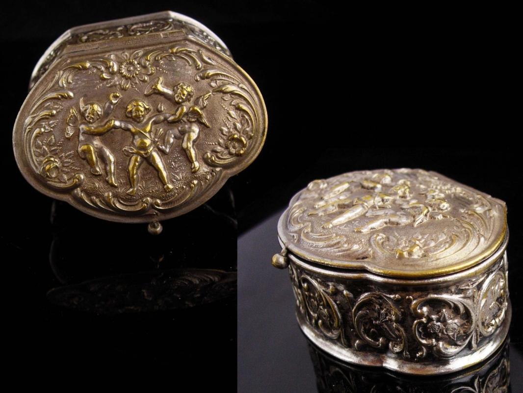 Antique Miniature box / Victorian Silver CHERUB / putti trinket box / Snuff box / Italian renaissance / Angels wedding ring holder case