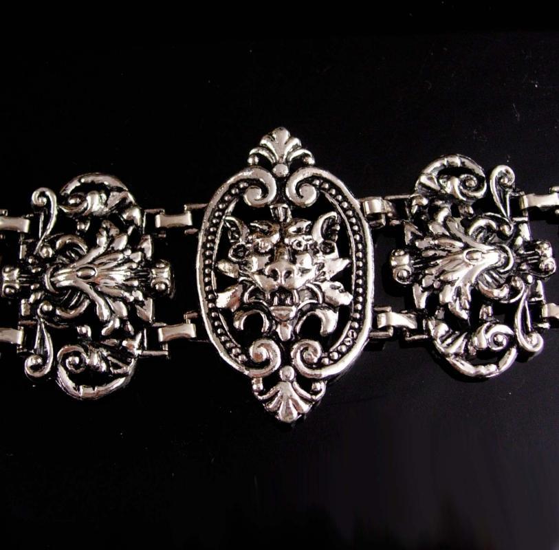 Antique bracelet / silver Gothic lion bracelet / Medieval jewelry / gargoyle Lion / FLEUR DE LIS / wide Victorian Relief / statement jewelry