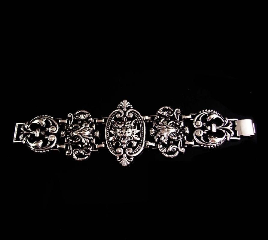 Antique bracelet / silver Gothic lion bracelet / Medieval jewelry / gargoyle Lion / FLEUR DE LIS / wide Victorian Relief / statement jewelry