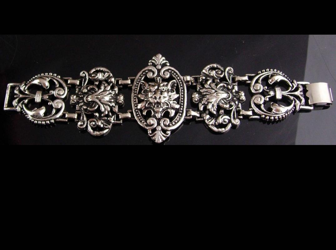 Antique bracelet / silver Gothic lion bracelet / Medieval jewelry / gargoyle Lion / FLEUR DE LIS / wide Victorian Relief / statement jewelry
