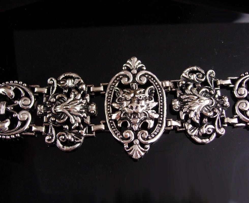 Antique bracelet / silver Gothic lion bracelet / Medieval jewelry / gargoyle Lion / FLEUR DE LIS / wide Victorian Relief / statement jewelry