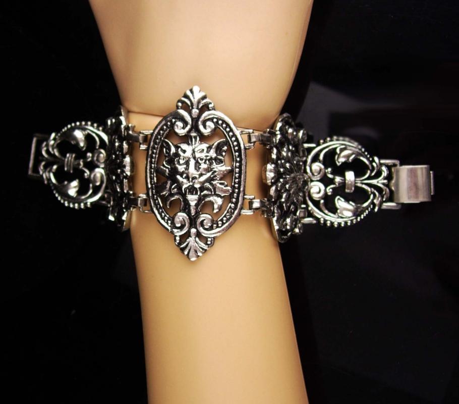 Antique bracelet / silver Gothic lion bracelet / Medieval jewelry / gargoyle Lion / FLEUR DE LIS / wide Victorian Relief / statement jewelry