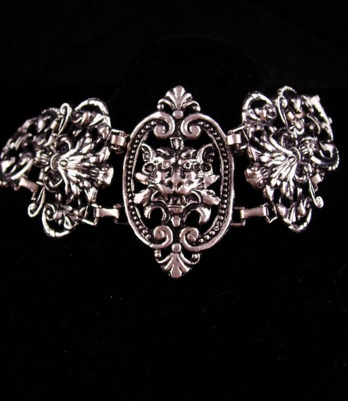 Antique bracelet / silver Gothic lion bracelet / Medieval jewelry / gargoyle Lion / FLEUR DE LIS / wide Victorian Relief / statement jewelry