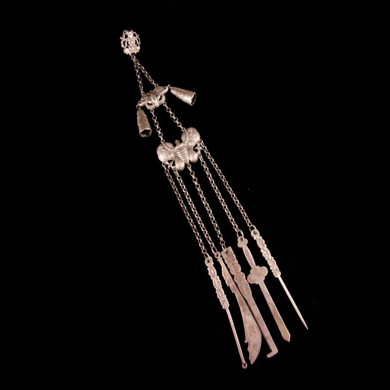 Antique Chinese Chatelaine / tobacco snuff tools / Figural Lan Caihe / Goddess Immortals / Chinese moth / oriental Asian primitive tool