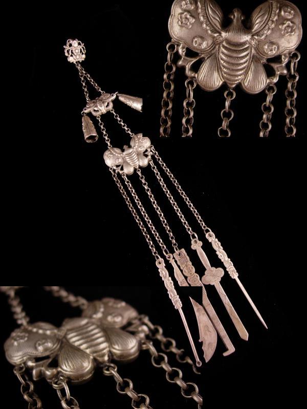 Antique Chinese Chatelaine / tobacco snuff tools / Figural Lan Caihe / Goddess Immortals / Chinese moth / oriental Asian primitive tool