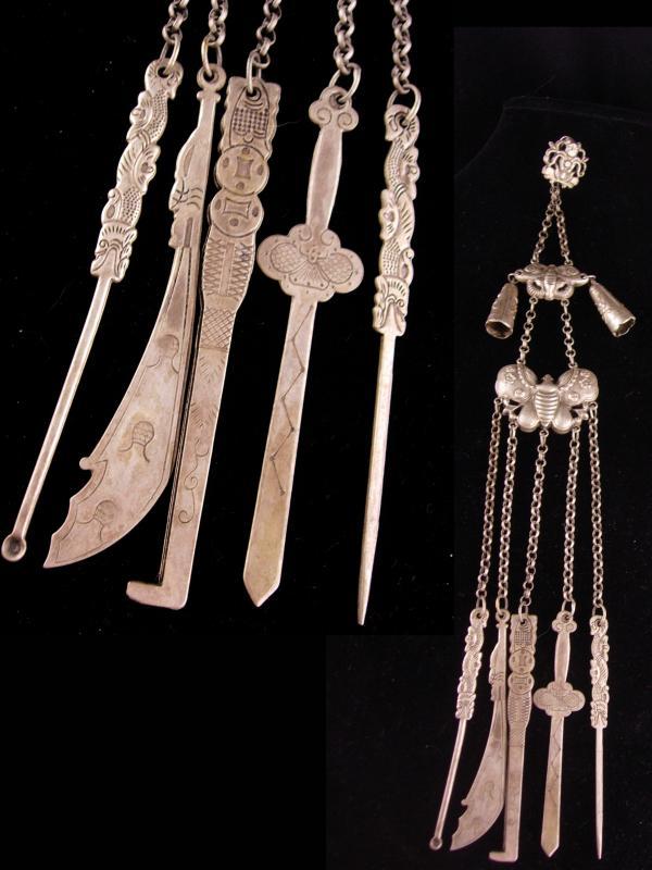 Antique Chinese Chatelaine / tobacco snuff tools / Figural Lan Caihe / Goddess Immortals / Chinese moth / oriental Asian primitive tool