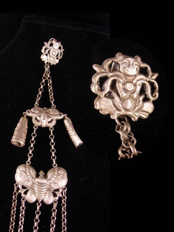 Antique Chinese Chatelaine / tobacco snuff tools / Figural Lan Caihe / Goddess Immortals / Chinese moth / oriental Asian primitive tool