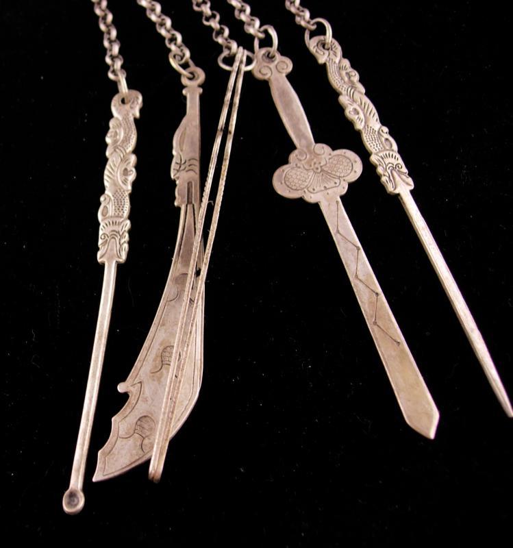 Antique Chinese Chatelaine / tobacco snuff tools / Figural Lan Caihe / Goddess Immortals / Chinese moth / oriental Asian primitive tool