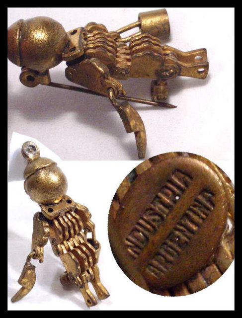 Steampunk brooch Vintage robot Signed ARTS Crafts MECHANICAL figural