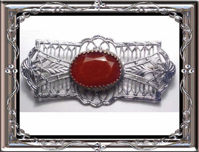 1920's deco Rhodium CARNELIAN Filigree brooch