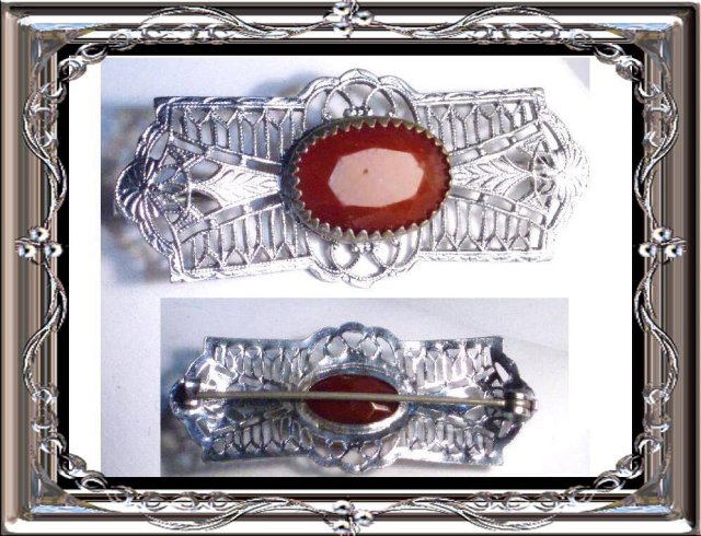 1920's deco Rhodium CARNELIAN Filigree brooch